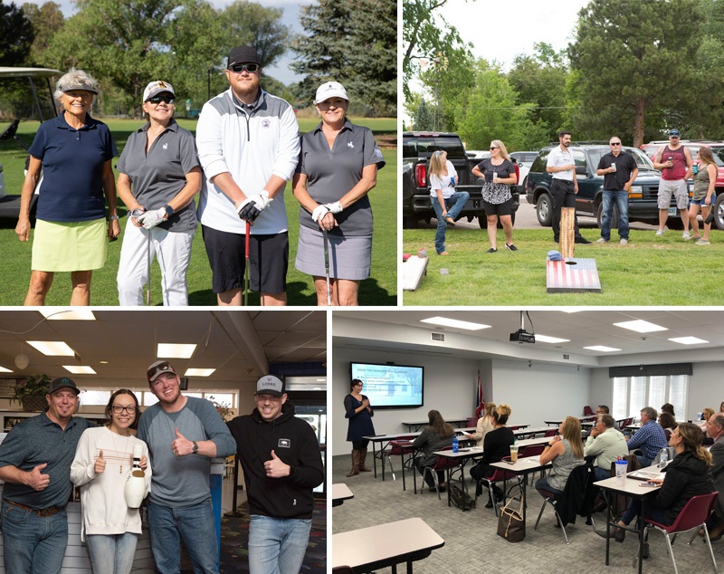 collage of photos depicting realtors at a class, a BBQ, a bowling tournament, and a golfing tournament