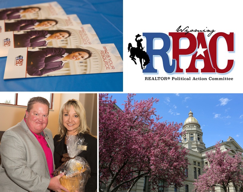 collage of photos showing the Wyoming state capitol, some RPAC brochures, the RPAC logo, and two people holding a gift basket